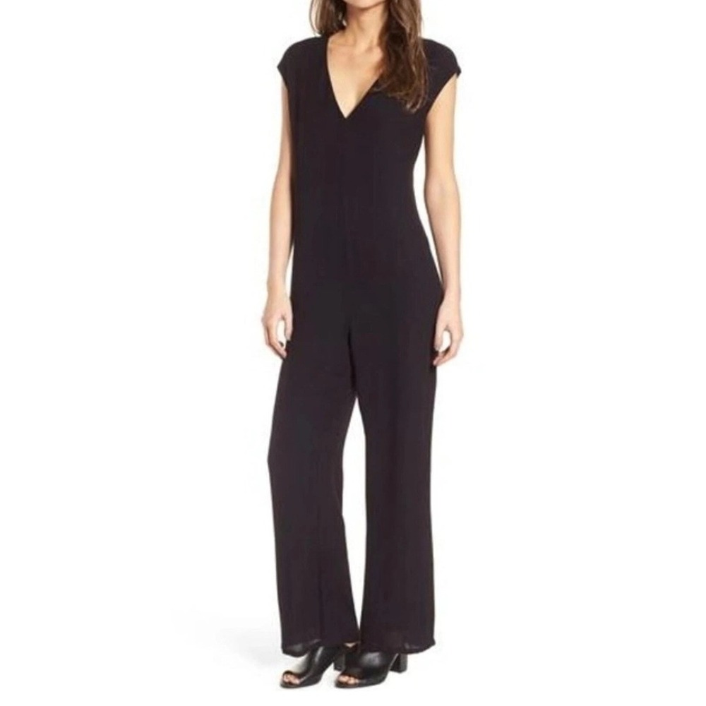 Standard James Perse Black V Neck Cap Sleeve Wide Leg Jumpsuit Pockets Size 3 L